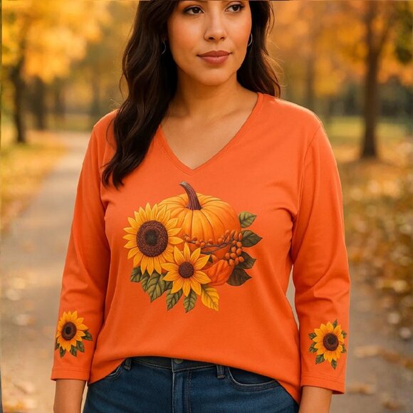 Pumpkin Sunflower Print Long Sleeve V Neck Fall Top Womens Size Large Polyester - Picture 13 of 13